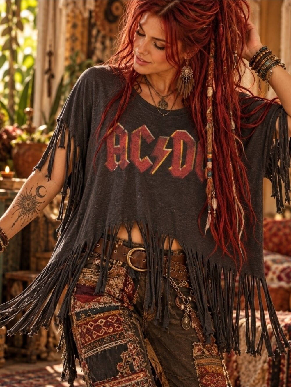 AC/DC Fringe Graphic Tee Oversized Charcoal Rocker Boho Western Grunge Festival